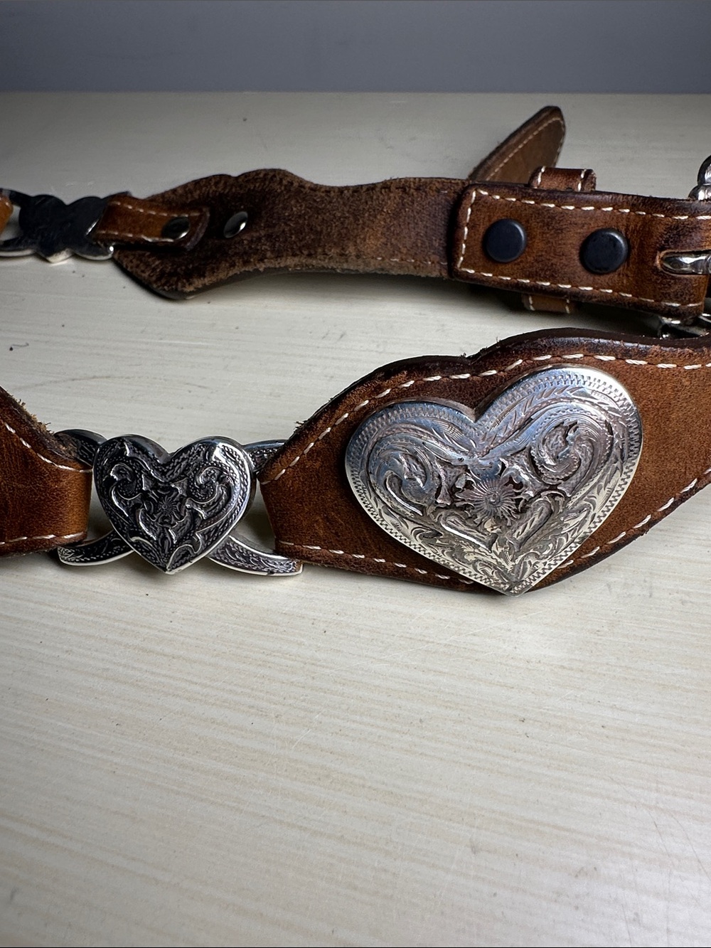Tony Lama Brown Leather Western Belt with Silver Heart Conchos vintage USA - Picture 8 of 9